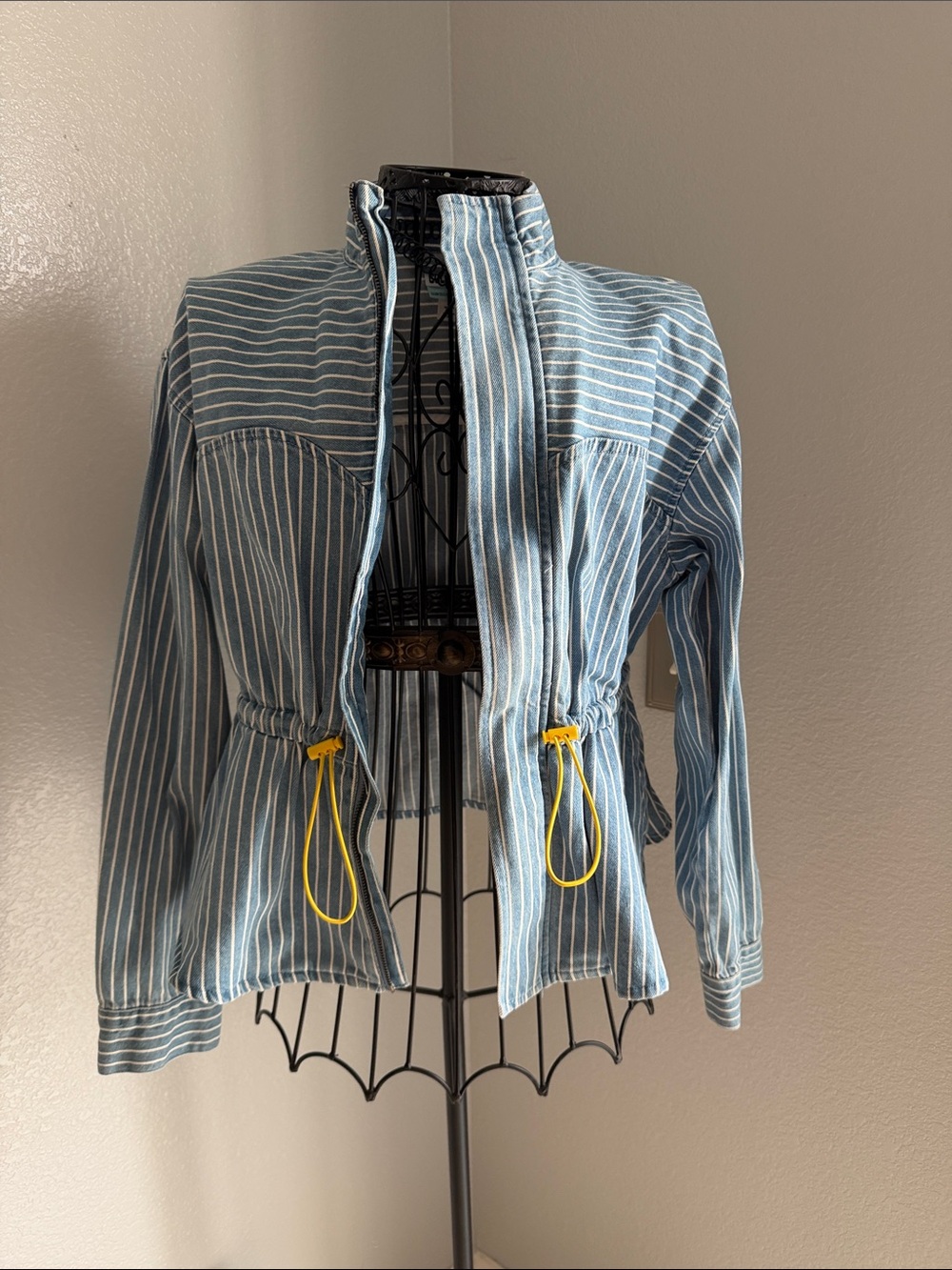 Striped Blue Women's Drawstring Jean Jacket